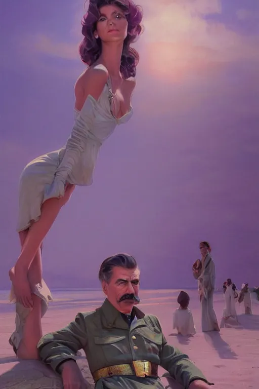 Image similar to joseph stalin luxury clothes in the beach purple sun, pink lighting ultra realistic photorealistic highly detailed high quality, a stunningly, digital painting, artstation, concept art, smooth, sharp focus, illustration, art by artgerm and greg rutkowski and alphonse mucha 8 k