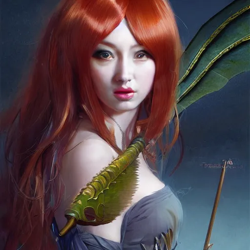 Prompt: A masterpiece portrait of a copper princess menacing girl with tall green amazing egypt wig with bat wings. trending on artstation, digital art, by Stanley Artgerm Lau, WLOP, Rossdraws, James Jean, Andrei Riabovitchev, Marc Simonetti, Yoshitaka Amano