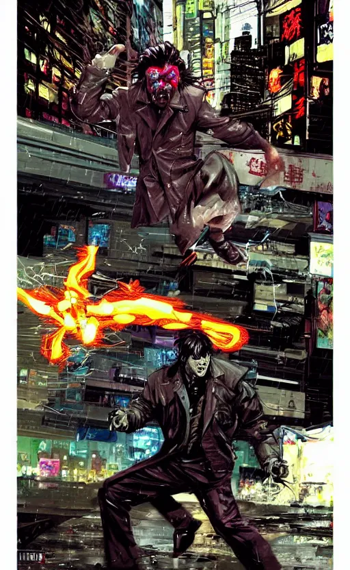 Prompt: Grizzled Trenchcoat detective fighting in the rain. Detailed dynamic anatomical proportions. Anti-hero leaping into action POV. Cybernetic kung-fu action shot. Dynamic, delirious, creative panel style by Bill Sienkiewicz. Heavy chromatic abberation. Visual distortion. Sci-Fi cyberpunk Comic page made up of art by the best artists Trending on Artstation. Octane render, Raytracing, 3d masterpiece, fantastic lighting by James Gurney. Noir detective genre.