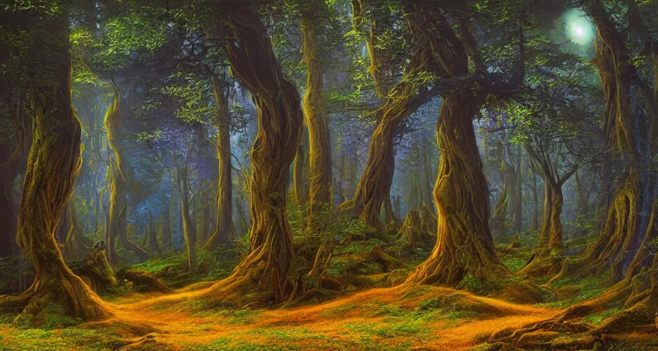 Prompt: Enchanted and magic forest, by David A. Hardy