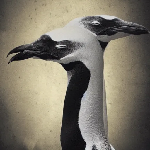 Image similar to a real photograph, full body shot, a hybrid mix between a penguin body, a giraffe neck, hyper detailed, photomanipulation, photoshop, unreal