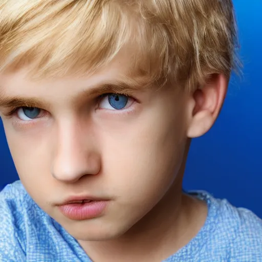 Image similar to portrait of a boy with his hand on his face, extremely realistic and real, photorealistic, blonde hair and blue eyes, detailed facial structure, real eyes that are detailed