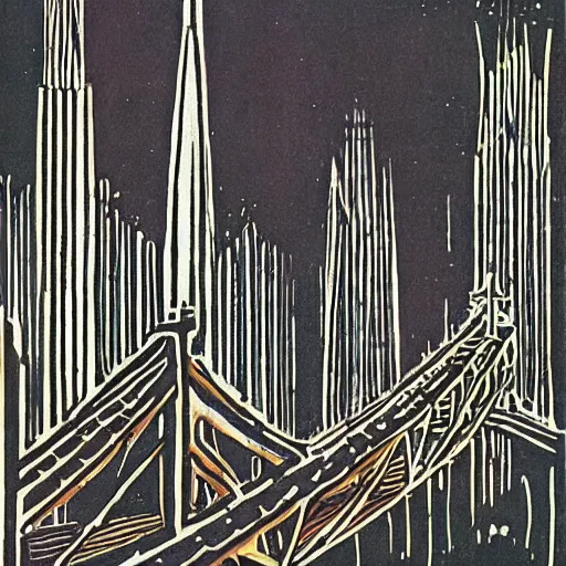 Image similar to 1 9 7 0 s grainy vintage illustration by norman bluhm. a beautiful illustration of a cityscape with tall spires & delicate bridges.