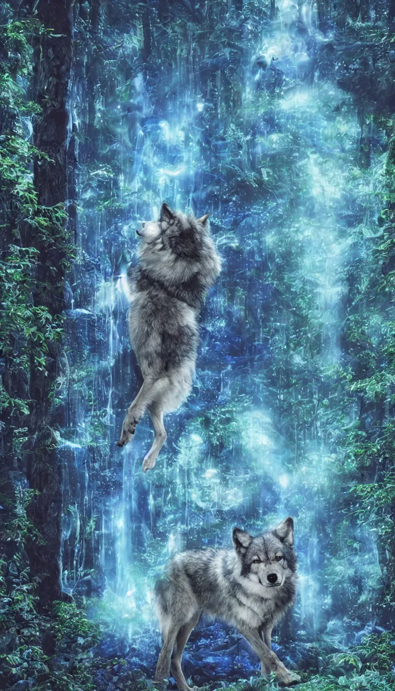 Image similar to humanoid wolf in an enchanted forest with a blue hue and blue fireflie and a waterfall in the distance that magically glows blue, insanely detailed