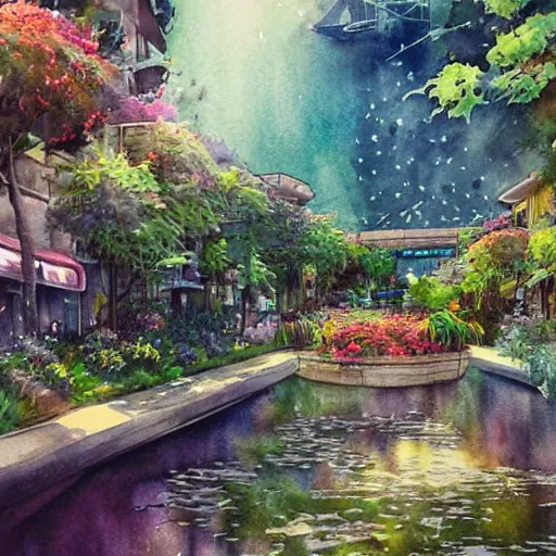 Image similar to Beautiful happy picturesque charming sci-fi town in harmony with nature. Beautiful light. Water and plants. Nice colour scheme, soft warm colour. Beautiful detailed artsy watercolor by Vincent. (2022)