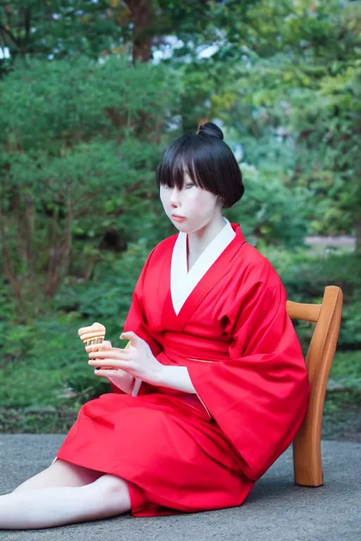 Image similar to photo, young woman eating ice cream, sitting on a chair, red dress, high heels, japanese kimono