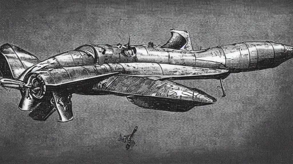 Prompt: engraving of steampunk fighter jet