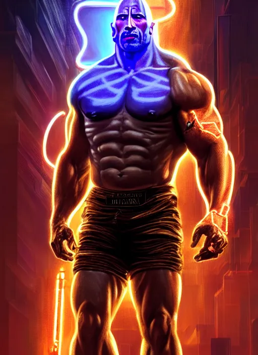 Image similar to portrait of dwayne johnson as cyberpunk shiva god of destruction, intricate, elegant, glowing lights, highly detailed, digital painting, artstation, glamor pose, concept art, smooth, sharp focus, illustration, art by artgerm and greg rutkowski, artey freytag