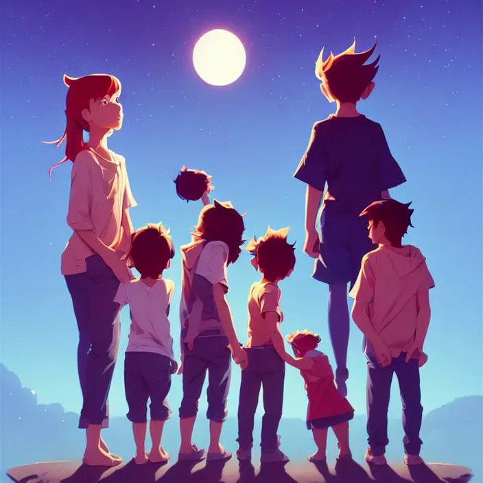 Prompt: three kids, one boy and two girls, standing outside in the dark. they are bored and don't know what to do. in marble incrusted of legends official fanart behance hd by jesper ejsing, by rhads, makoto shinkai and lois van baarle, ilya kuvshinov, rossdraws global illumination