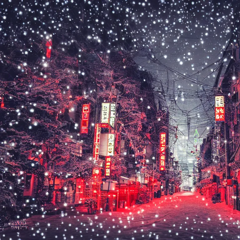 Image similar to illustration of tokyo with many lights and lens flares, snowy winter christmas night