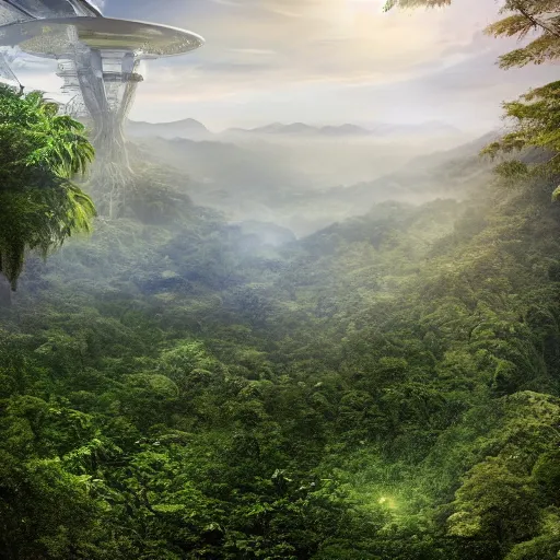 Image similar to extreme wide shot a futuristic containment building in a rainforest valley with a city in the distance, national geographic, hyper realistic, 4 k, harsh light