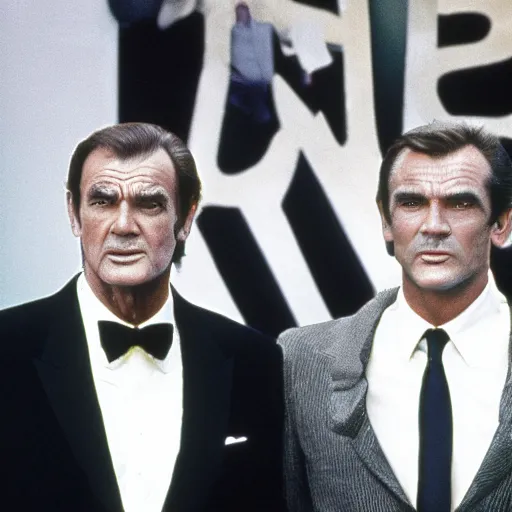 Prompt: melee a trois between sean connery, roger moore, timothy dalton, pierce brosnan, and daniel craig