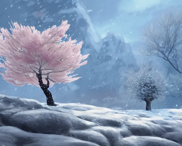 Image similar to snowy rocky field with a sakura tree, petals, cloudy, moodly lighting, snow in wind, illustration, by pine ( ハイネ ) and 薯 子 imoko and 香 川 悠 作 and wlop and maya takamura, highly detailed, trending artstation, pixiv, digital art