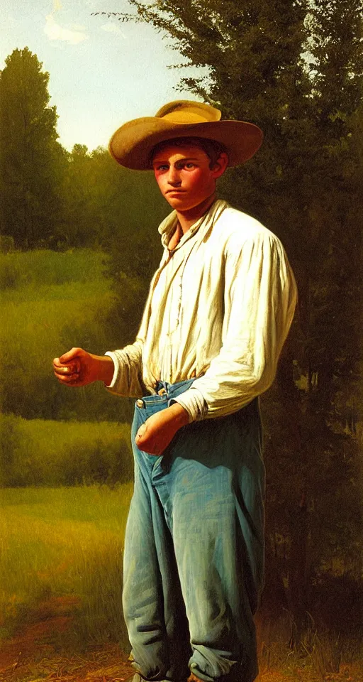 Prompt: Portrait of a Young Farmer in Mississsippi in 1880, painted by George Caleb Bingham