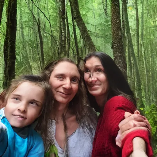 Image similar to a selfie by a neanderthal woman and her family in a forest