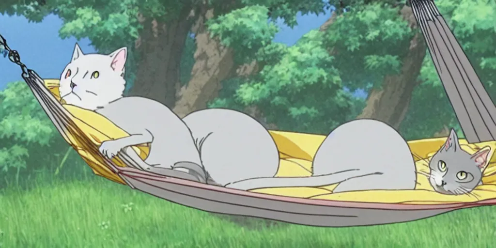 Prompt: grey european shorthair cat sleeping on a hammock, anime still by studio ghibli, by hayao miyazaki