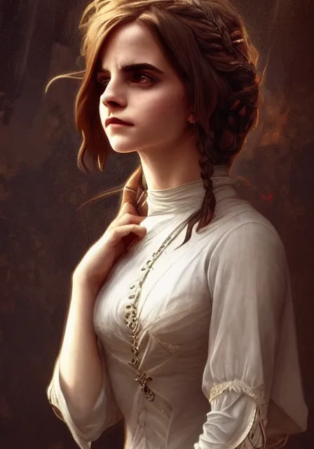 Prompt: emma watson hermione magic gothic, intricate, elegant, highly detailed, digital painting, artstation, concept art, smooth, sharp focus, illustration, art by artgerm and greg rutkowski and alphonse mucha and william - adolphe bouguereau