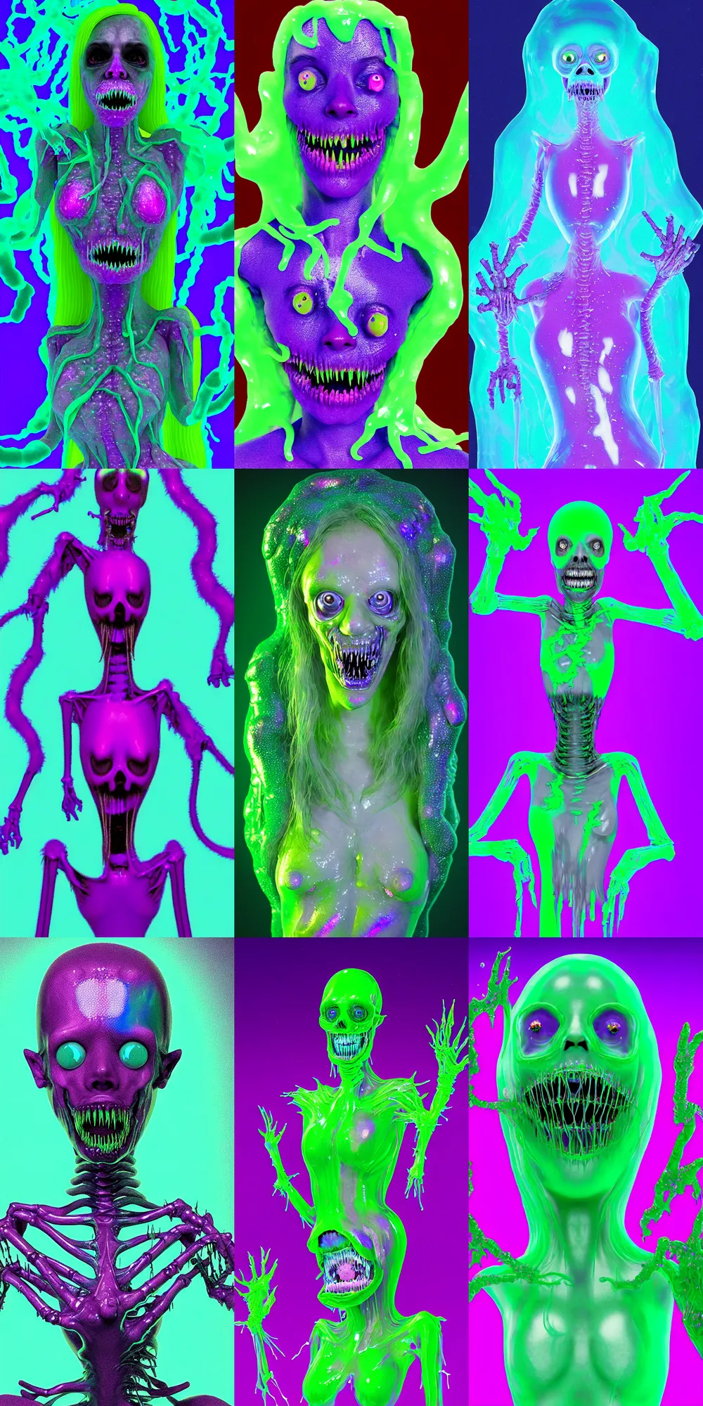 Prompt: pixel sorted image of a scary sci - fi saliva goo creature princess of slime, she has iridescent membranes, gaping gills and baleen, translucent skin shows haunting skeletal details in front of bright aerochrome and halogen laboratory lights, eerie, occult, gelatinous with teeth