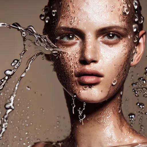 Prompt: close up of face of a fashion model is getting wet by a hose, luxury dress, official valentino editorial, highly detailed