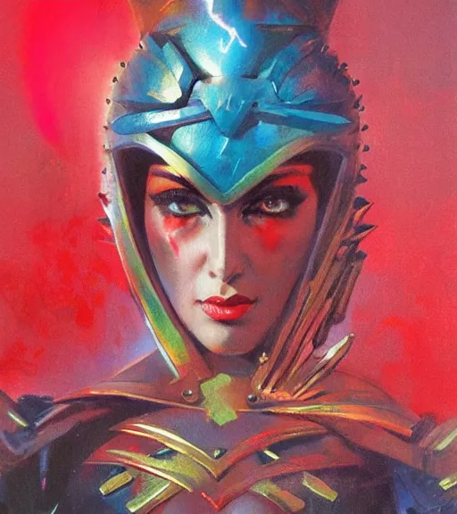 Image similar to portrait of strong iranian female chaos angel, beautiful! coherent! by frank frazetta, by brom, strong line, vivid neon color, spiked scrap metal armor, iron helm maximalist