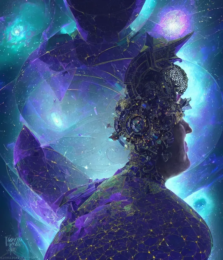 Image similar to front!!! shot of a court jester!!! character, mesmerizing fractal hypercubes, dark holography!!!, future, metallic nebula, crystalline edges, polygonal, elegant, highly detailed, centered, (((artstation, concept art, jagged, sharp focus, artgerm, Tomasz Alen Kopera, Peter Mohrbacher, donato giancola, Joseph Christian Leyendecker, WLOP, Boris Vallejo))), ((raytracing)), mugshot!!!!!, ugly!!!!!!, octane render, nvidia raytracing demo, octane render, nvidia raytracing demo, octane render, nvidia raytracing demo, 8K