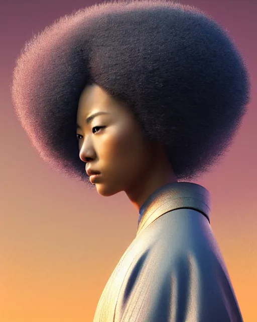 Prompt: portrait of pretty samurai with afro, prismatic highlights, model, brown skin, blue eyes, telephoto, beautiful, depth of field, cinematic, macro, concept art, 50mm, art station, wepa digital, digital painting, elegant, epic, focus, octane render, v-ray, 8k, C4D, art by Karol Bak