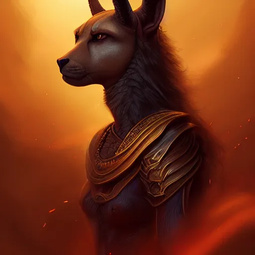 Image similar to Majestic gracious Anubis female warrior portrait, atmospheric lighting, painted, intricate, volumetric lighting, beautiful, rich deep colors masterpiece, golden hour, sharp focus, ultra detailed, by Leesha Hannigan, Ross Tran, Thierry Doizon, Kai Carpenter, Ignacio Fernández Ríos