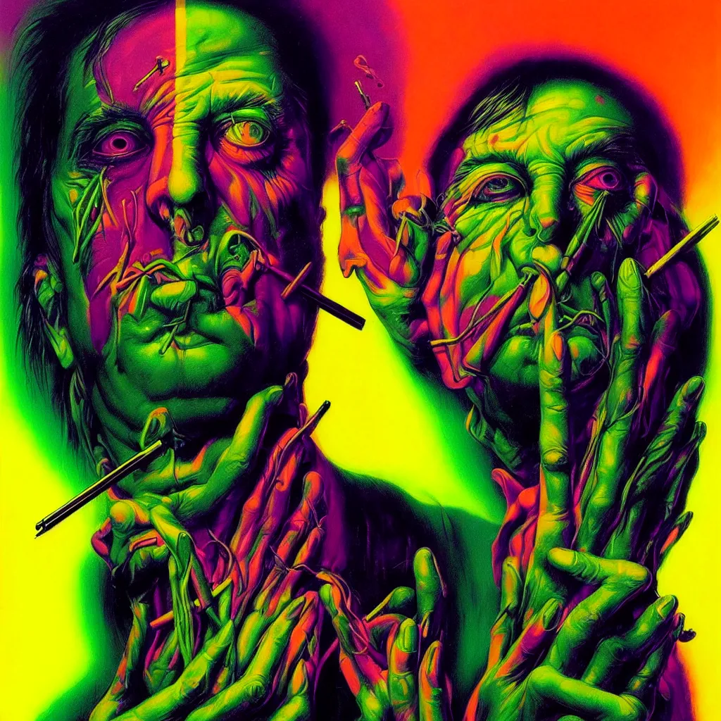 Image similar to psychedelic bright portrait of bill hicks smoking in the style of hans giger, alex grey, lynchian atmosphere, film noir, concept art, art by kuvshinov ilya and zdislav beksinski and wayne barlowe, vivid colors, yellow, purple, red, black, blue, green, orange, pink