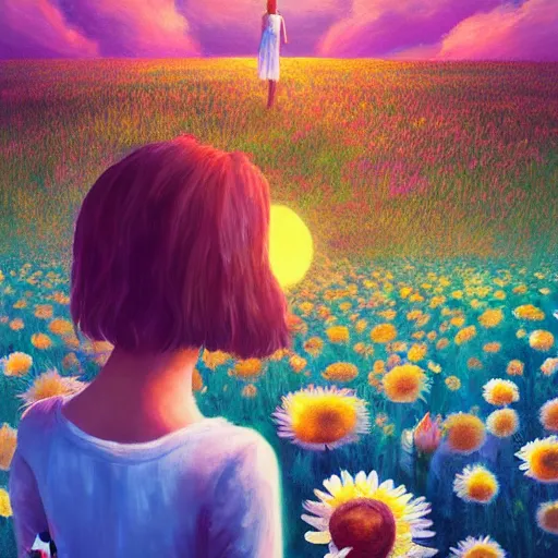 Prompt: head and face made of giant daisies, girl standing barefoot in a flower field, holding flowers, surreal photography, sunrise dramatic light, impressionist painting, colorful clouds, large sky, digital painting, artstation, simon stalenhag, flower face