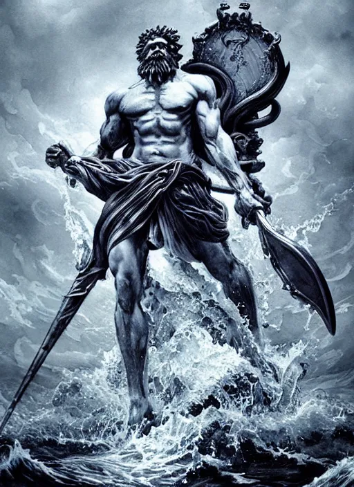 Image similar to Poseidon with crown and trident rising from the ocean, watercolor, dramatic lighting, cinematic, establishing shot, extremly high detail, foto realistic, cinematic lighting, pen and ink, intricate line drawings, by Yoshitaka Amano, Ruan Jia, Kentaro Miura, Artgerm, post processed, concept art, artstation, matte painting, style by eddie mendoza, raphael lacoste, alex ross