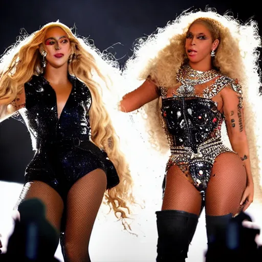 Image similar to Lady gaga and Beyonce perfom together at a concert, EOS 5D, ISO100, f/8, 1/125, 84mm, RAW Dual Pixel, Dolby Vision, HDR, AP, Featured