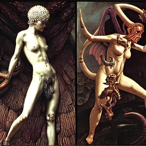 Image similar to still frame from Prometheus movie, Slaanesh succubus ornate godess by wayne barlowe by caravaggio by giger by malczewski