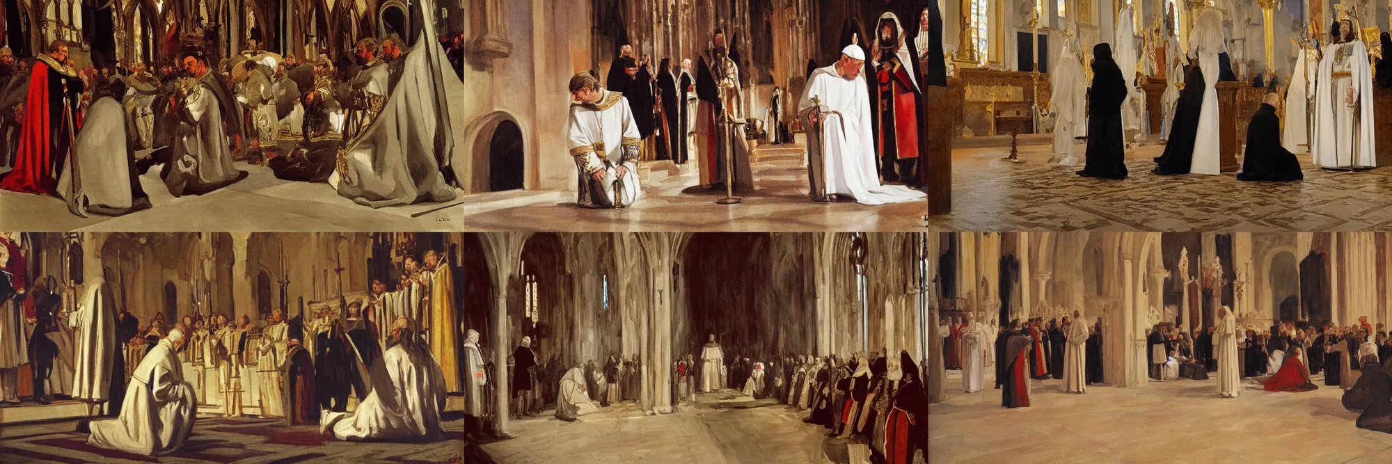 Prompt: painting of a medieval king kneeling before the pope, in a church. medium shot, by joaquin sorolla