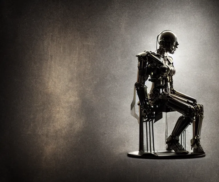 Image similar to translucent cyborg sitting on a metal throne in a futuristic castle, fantasy sci - fi, sharp lines, metallic, 2 0 0 mm focus, bokeh