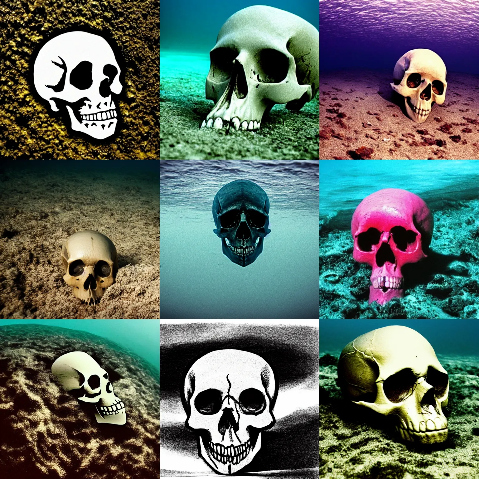 Prompt: skull at the bottom of the ocean, low quality