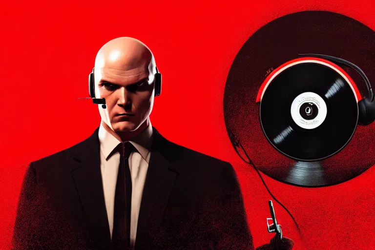 Image similar to a portrait of agent 4 7 from hitman wearing headphones and putting a vinyl record onto a turntable, dark background, red rim light, digital art, artstation, concept art by giger stalenhag