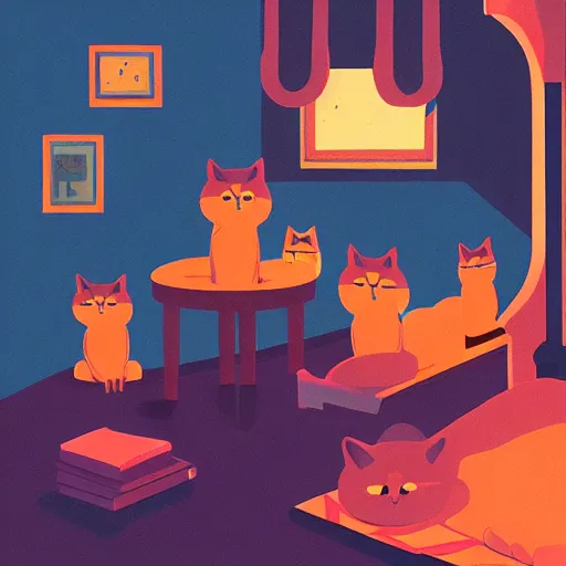 Prompt: cats in warm room by James Gilleard