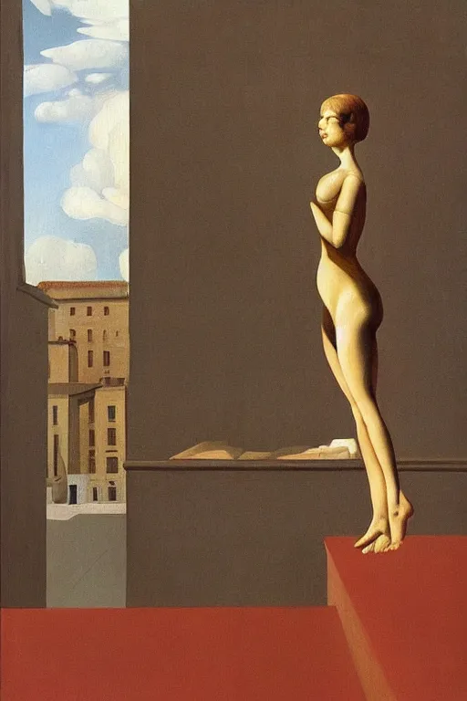 Prompt: painting of beautiful woman on infinite staircase watching man falling down, by de chirico, by magritte, by paula rego