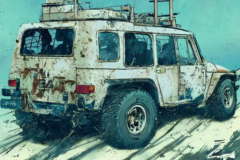 Image similar to digital illustration of mad max's fj 4 0 decrepit pursuit special, rusty nissan fj cruiser 1 9 8 0 s, the last v 8 interceptor by makoto shinkai, ilya kuvshinov, lois van baarle, rossdraws, basquiat