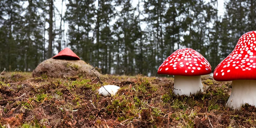 Prompt: cozy residence in the cap of an amantia muscaria mushroom with chimney