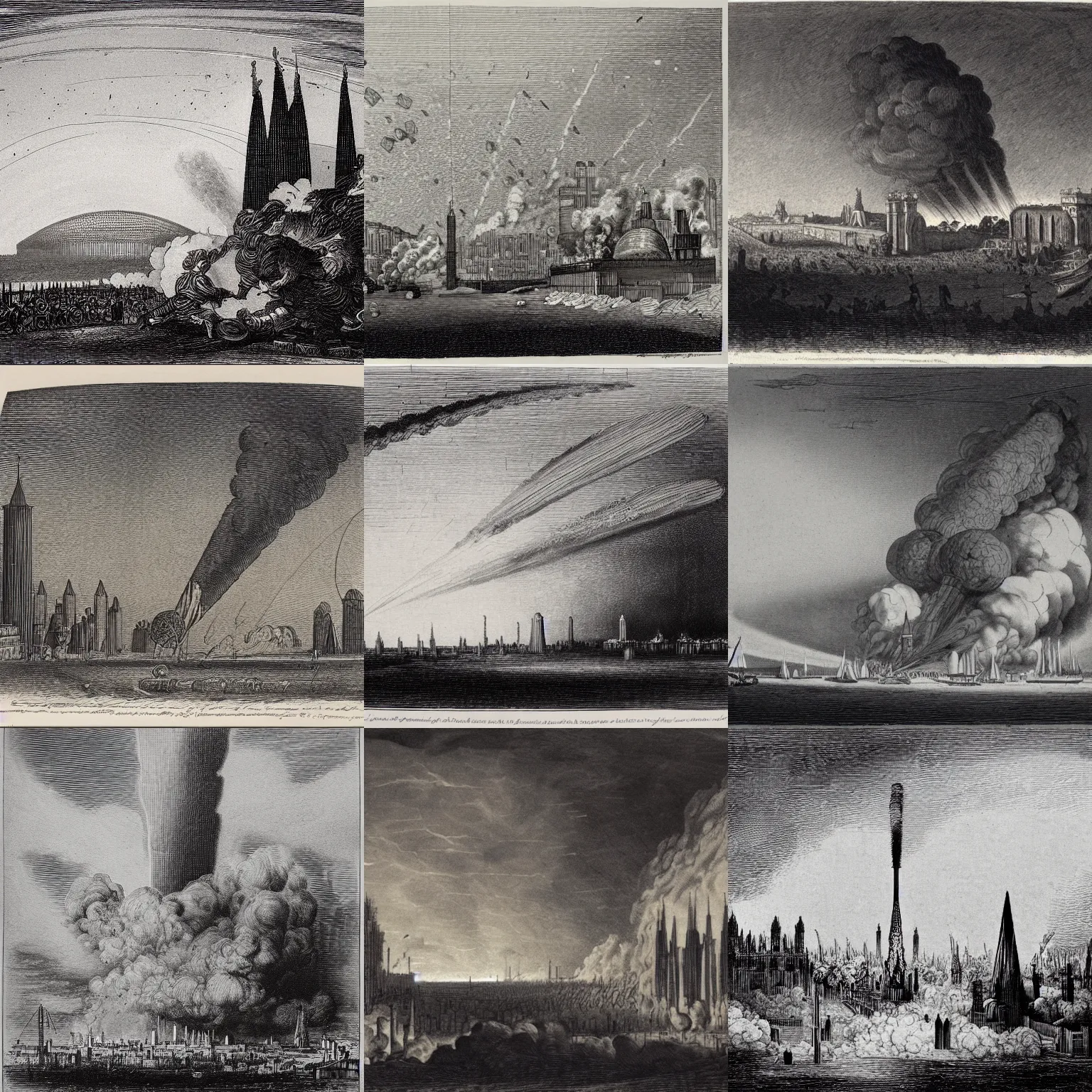 Prompt: barcelona destroyed by a nuclear bomb in the style of john martin, etching and mezzotint 1 8 3 4