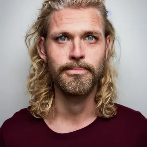 Prompt: full face color photograph of a 40 year old very handsome white man with very short, wavy, light blond hair and small blue eyes, dressed in a maroon t shirt and black jeans, with very thin lips, with a straight nose and blond stubble on his oval face, and pale skin. He resembles a lion.