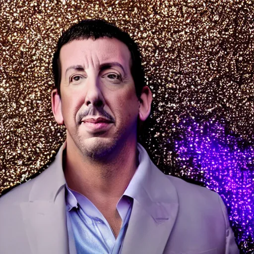 Image similar to Adam Sandler with silver-violet hair, white eyes and golden glittery dress, wide lens, diorama, 4k,