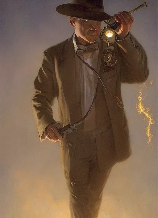 Image similar to A telemarketer created by thick steam, torch shadows, foggy night, intricate, elegant, highly detailed, donato giancola, Joseph Christian Leyendecker, WLOP, Boris Vallejo, Artgerm