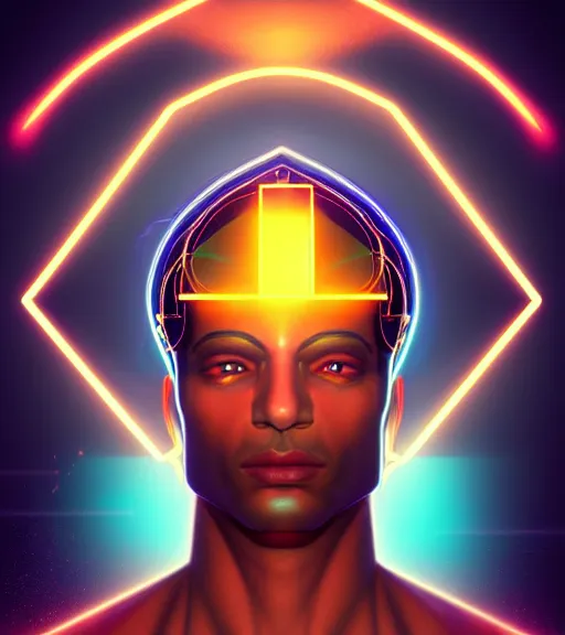 Image similar to symmetry!! egyptian god of technology, solid cube of light, hard edges, product render retro - futuristic poster scifi, lasers and neon circuits, brown skin handsome egyptian god, intricate, elegant, highly detailed, digital painting, artstation, concept art, smooth, sharp focus, illustration, dreamlike, art by artgerm