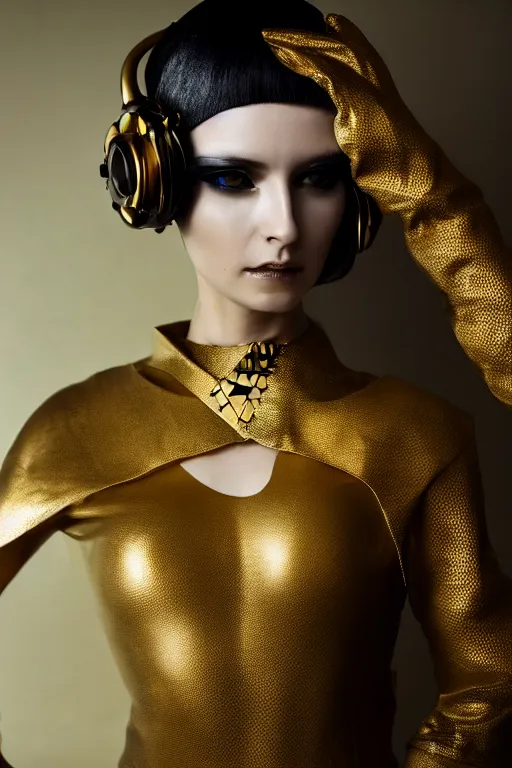 Image similar to beautifull cyberpunk woman model, wearing organic ceramic fractal outfit with gold ornametrics, luxury materials, symmetrical, cinematic, elegant, professional studio light, real dlsr photography, sharp focus, 4 k, ultra hd, sense of awe, high fashion