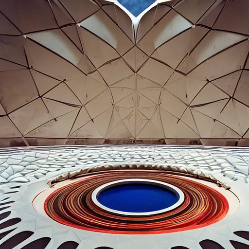 Image similar to interior of a futuristic lotus temple space station with gold, red and white marble panels, by santiago calatrava and zaha hadid and buckminster fuller and syd mead, intricate contemporary architecture, photo journalism, photography, cinematic, national geographic photoshoot