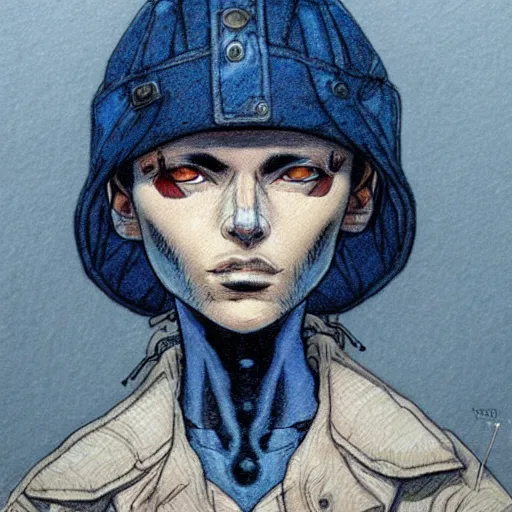 Prompt: intricate portrait, pure skin, 1 mm short blue hair, in the style of enki bilal!