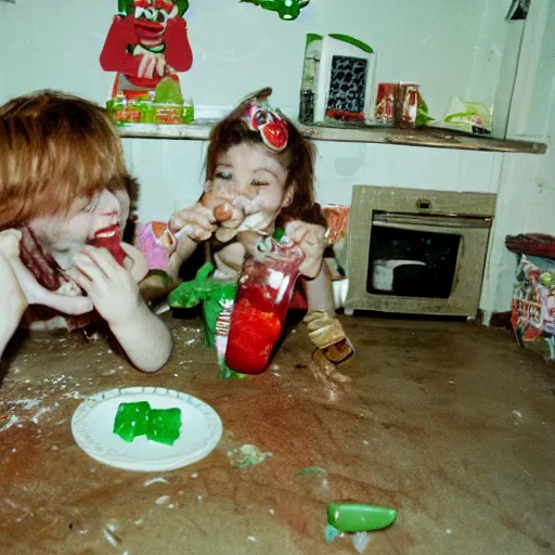 Image similar to gumby food fight inside abandoned dollhouse, 35mm grainy film photography