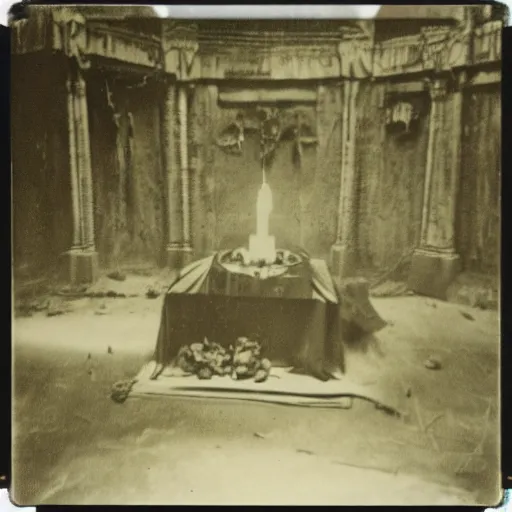 Image similar to occult sacrifice, dark figures gathered around alter in abandoned building, 1970s era Polaroid photo